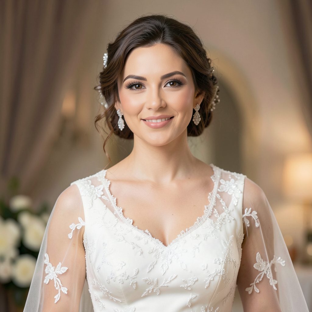 Portrait-style illustration of a Polish bride in soft warm tones, evoking a gentle, romantic, family-oriented mood